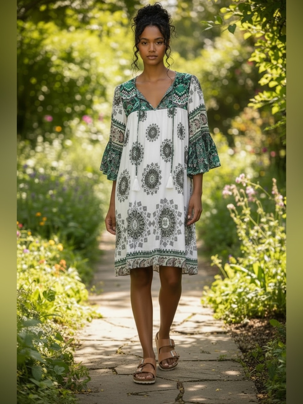 Umgee Sz M Boho Shift Mini Dress Bell Sleeves Tassel Tie Green Paisley Print
